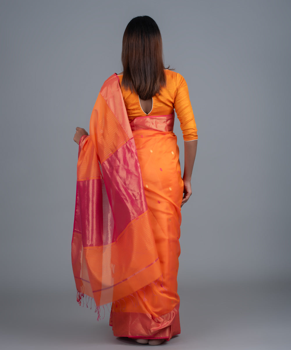 Orange pink handwoven maheshwari cotton silk saree