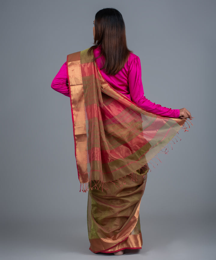 Green pink handwoven maheshwari cotton silk saree