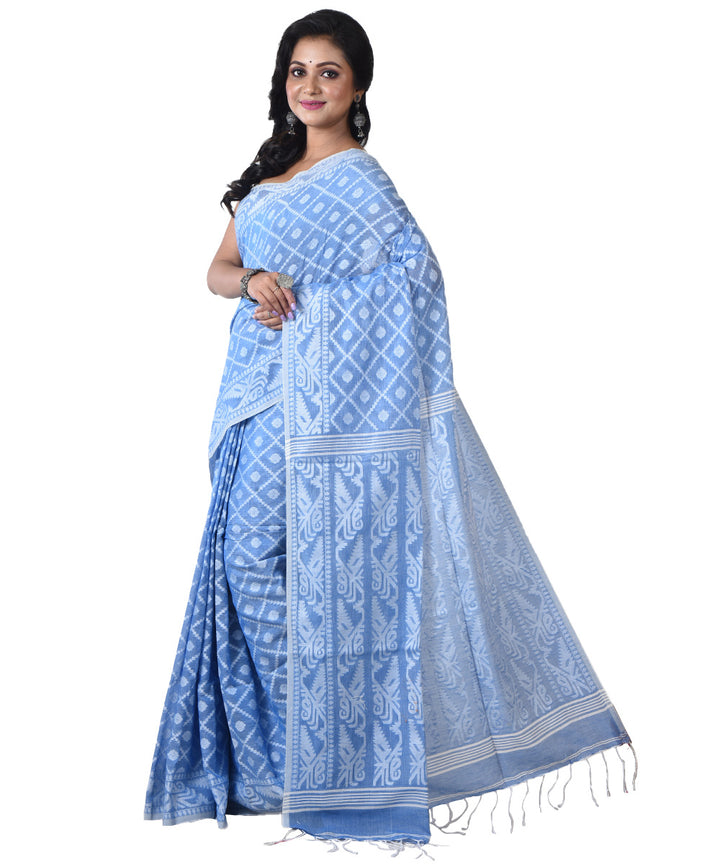 Cyan blue white handloom cotton shantipuri saree