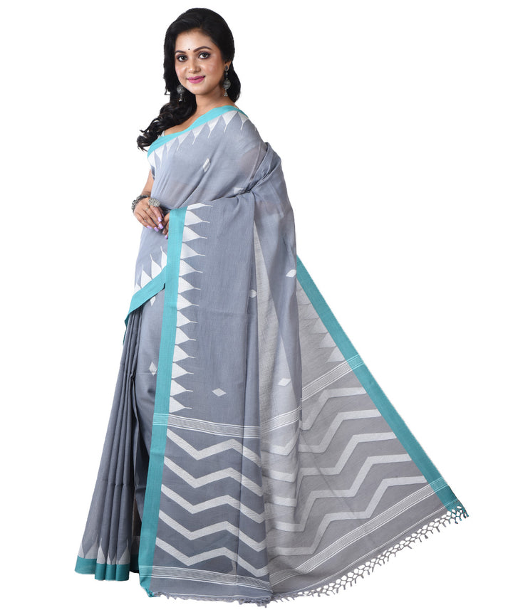 Grey cyan blue handloom cotton shantipuri saree