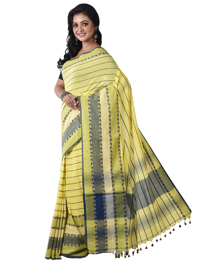 Yellow black handloom cotton shantipuri saree