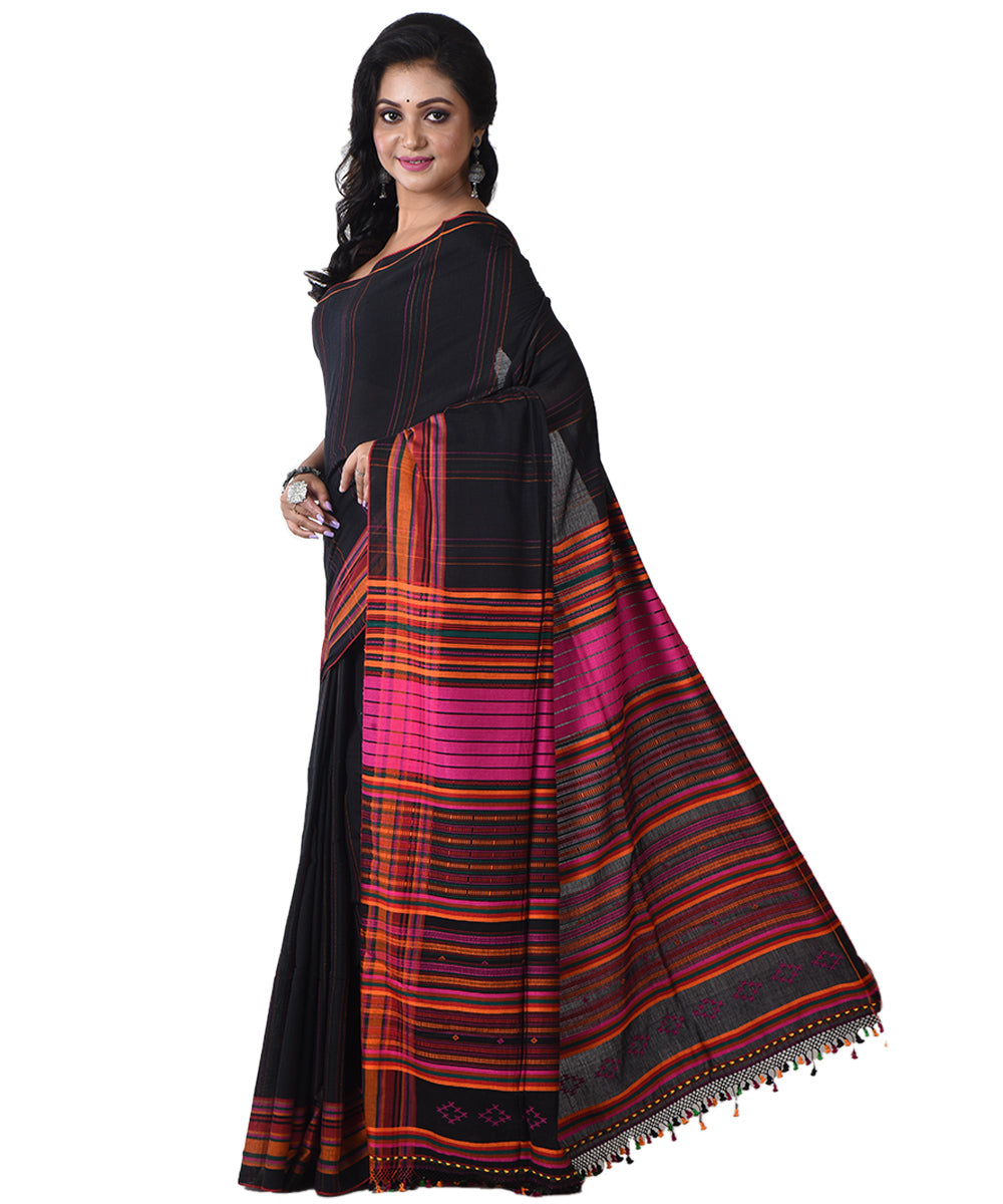 Black multicolor handloom cotton shantipuri saree