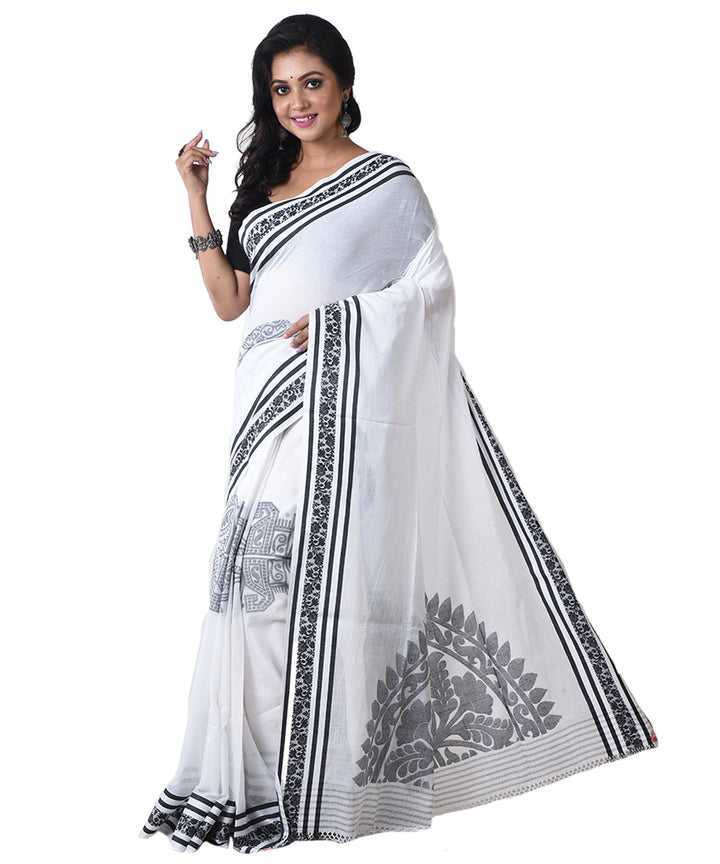 White black handloom shantipuri cotton saree