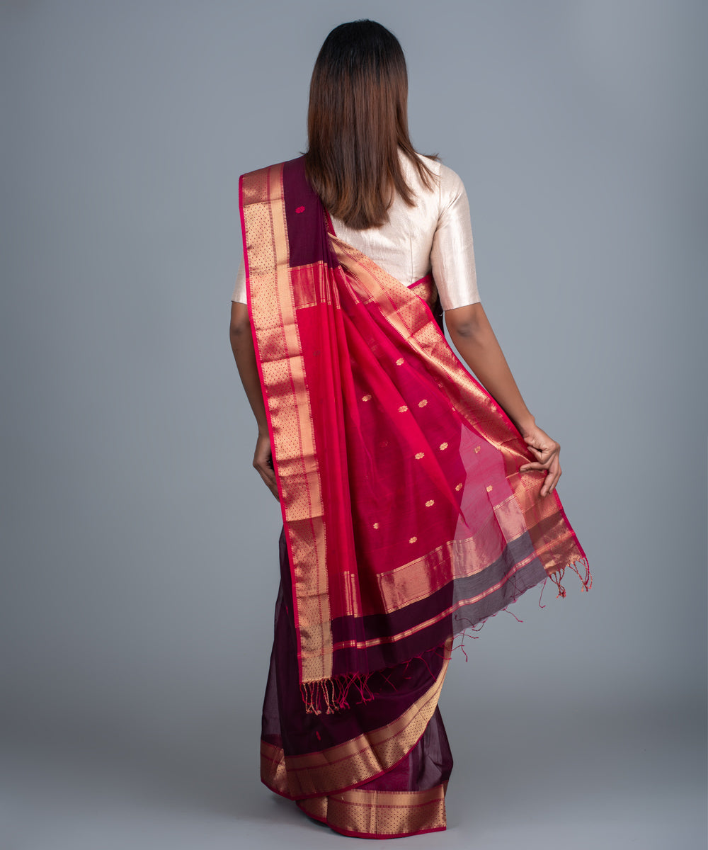 Maroon pink handwoven maheshwari cotton silk saree