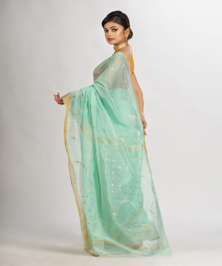 Pastel turquoise cotton silk handwoven sequin bengal saree