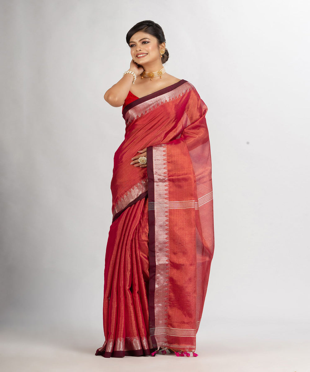 Rani pink double shade handloom cotton tissue bengal saree