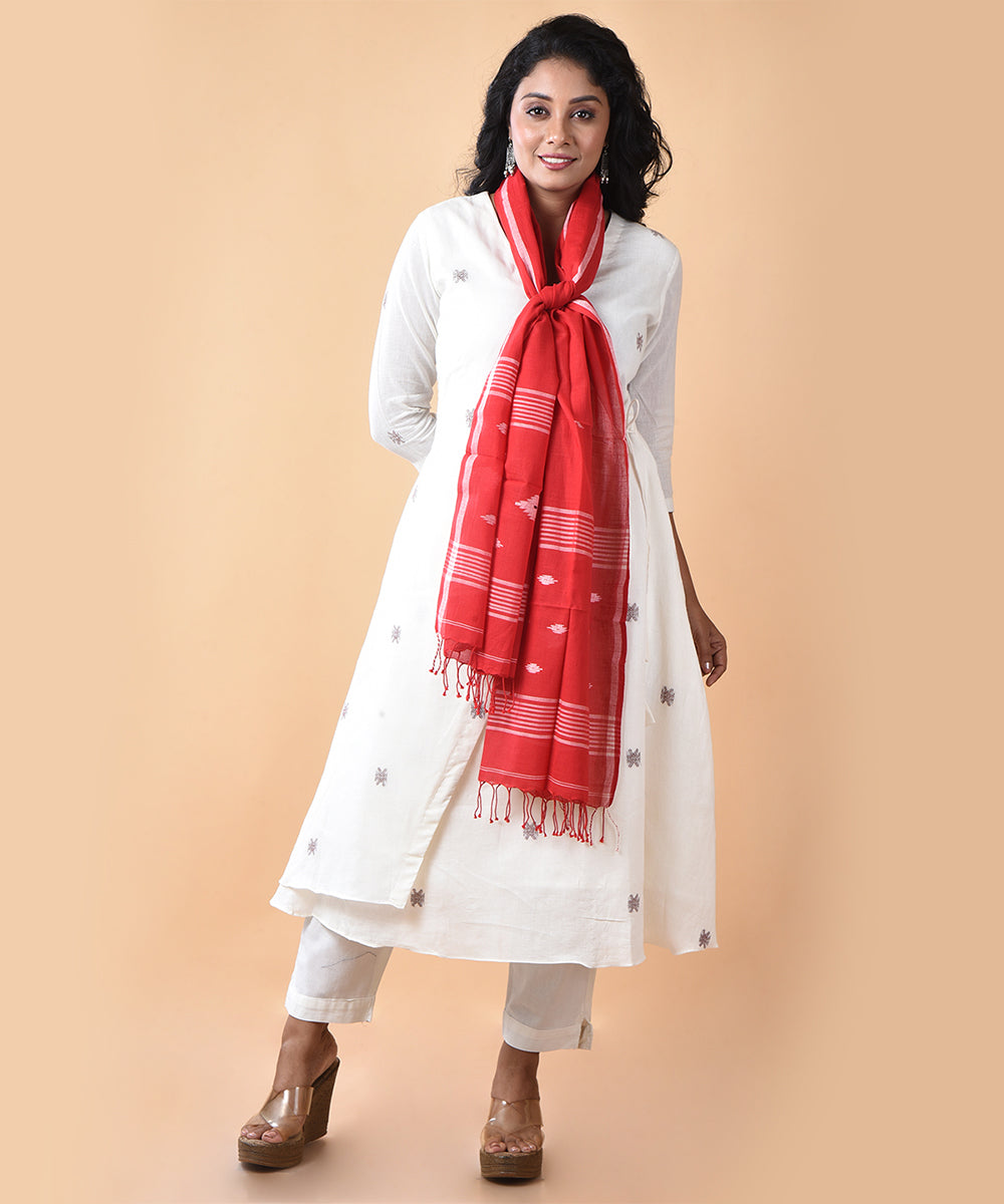 Red white handloom cotton jamdani stole