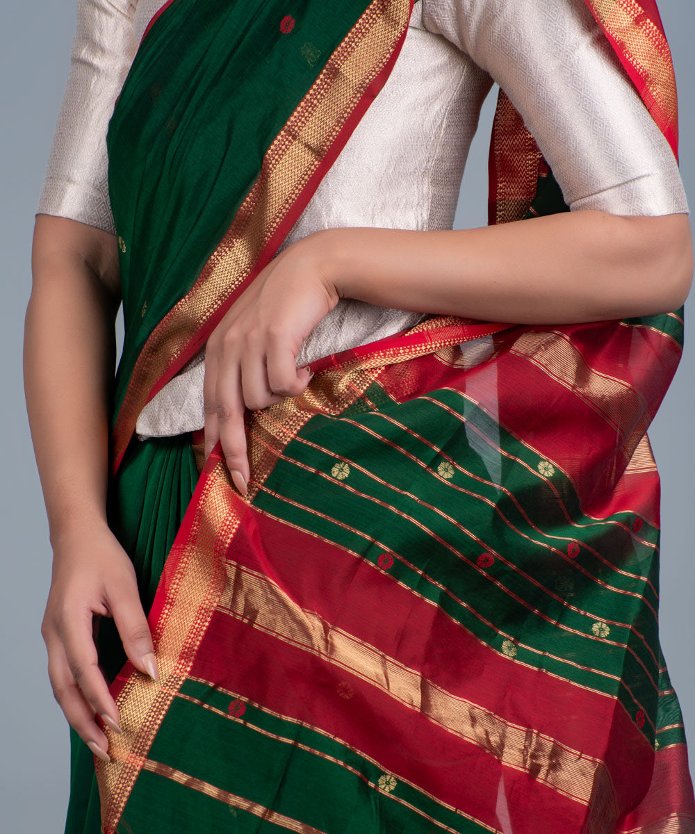 Green red handwoven maheshwari cotton silk saree