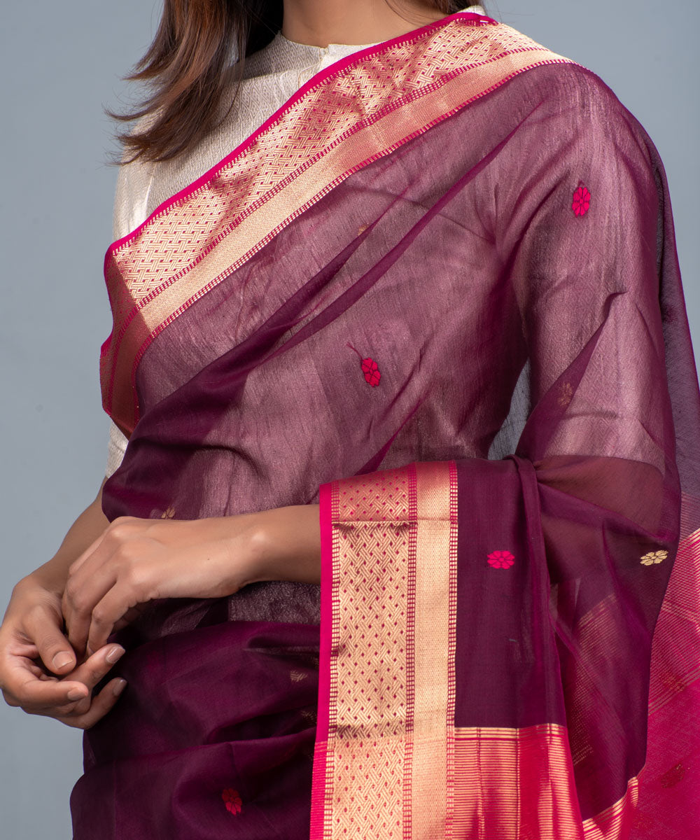 Maroon pink handwoven maheshwari cotton silk saree