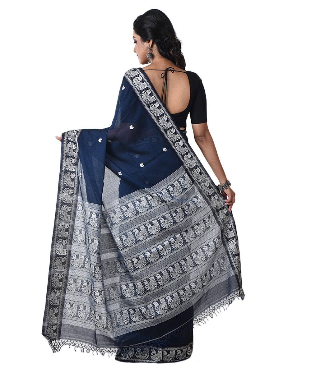 Navy blue white handloom shantipuri cotton saree