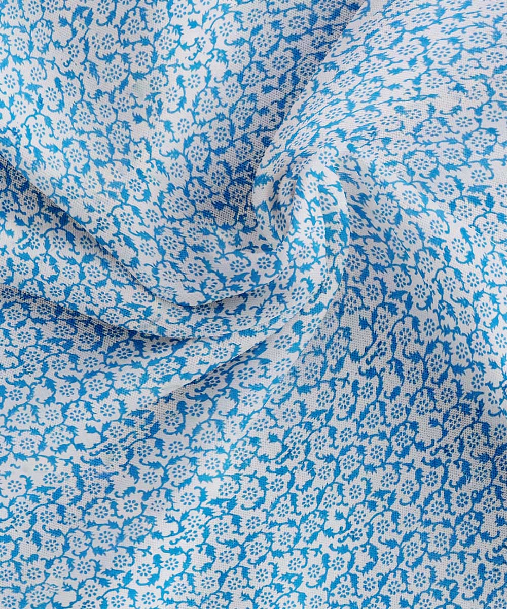 White sky blue hand block printed cotton double bedsheet