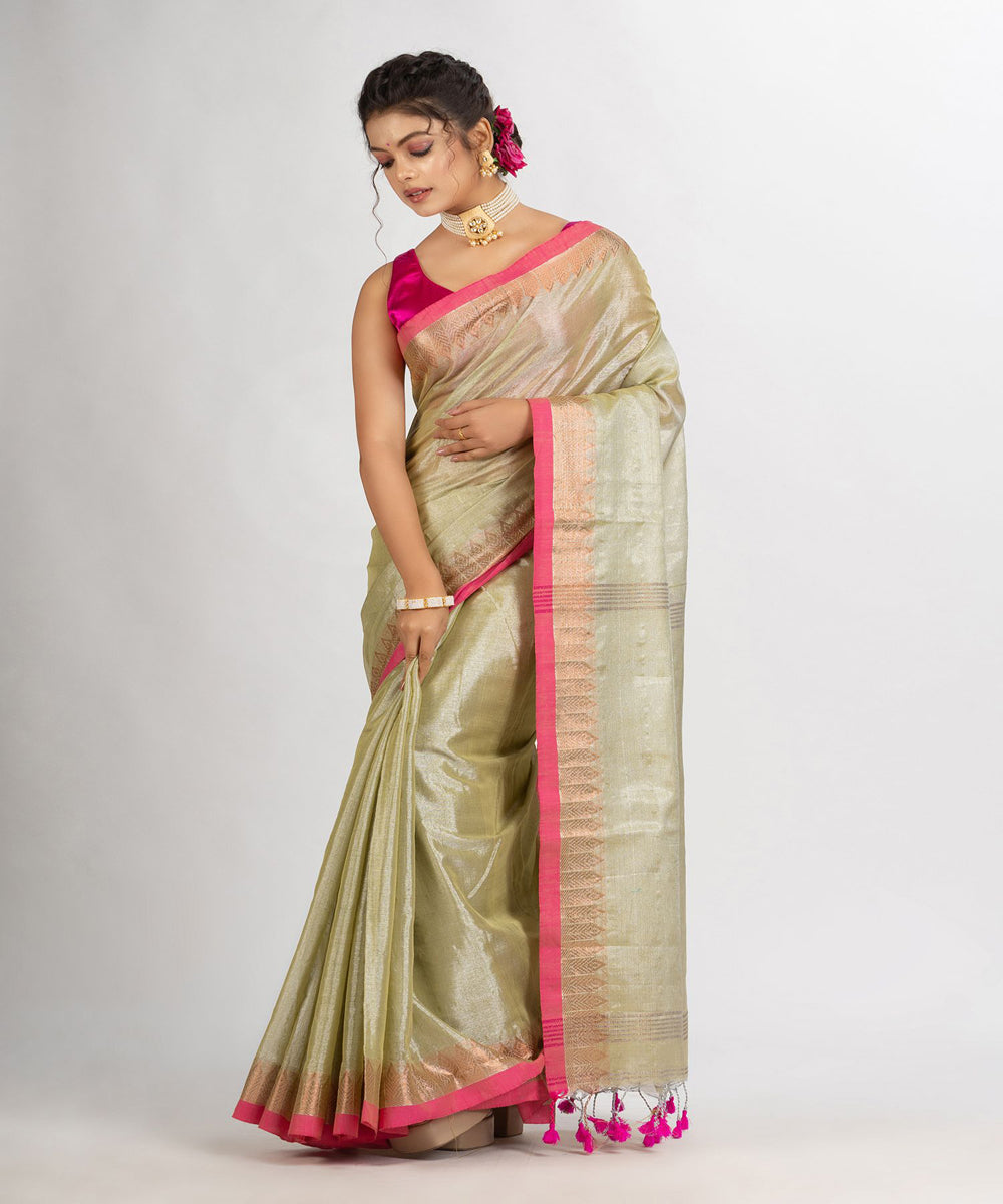 Beige pink handloom cotton tissue with jacquard border bengal saree