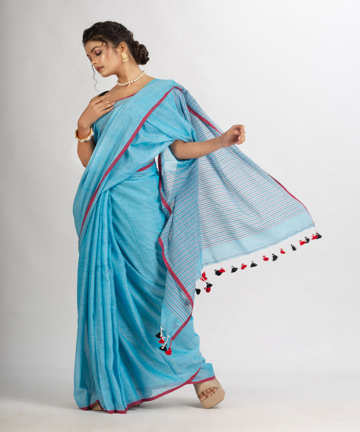 Sky blue handwoven cotton stripes bengal saree