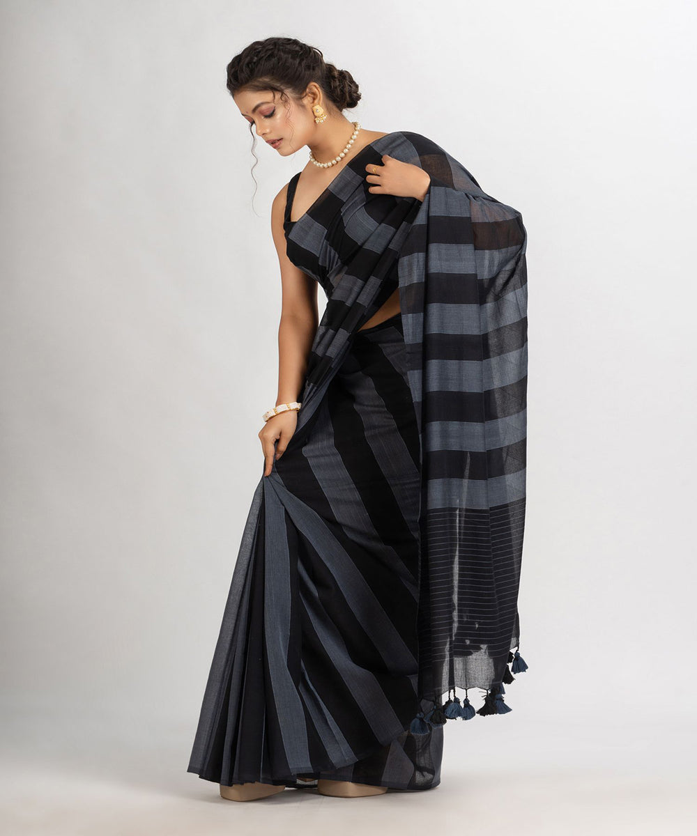 Gray black handwoven cotton stripes bengal saree
