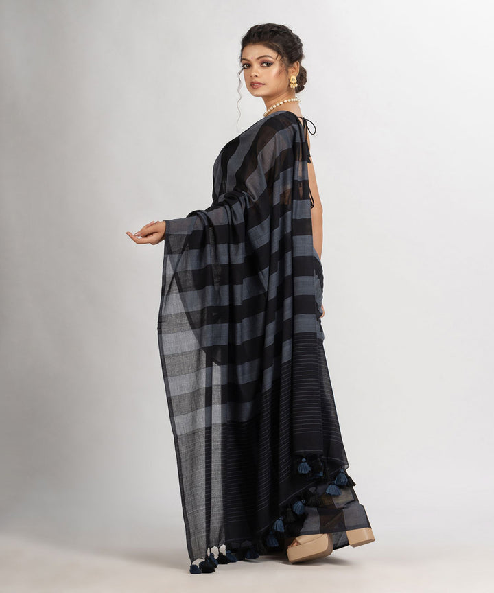 Gray black handwoven cotton stripes bengal saree