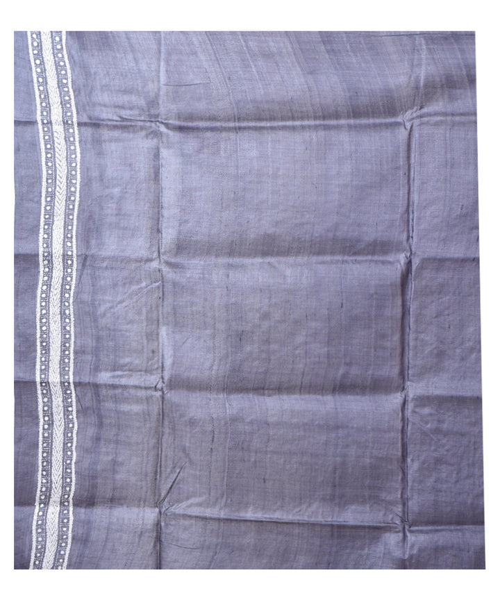 Grey white hand kantha stitched tussar silk saree