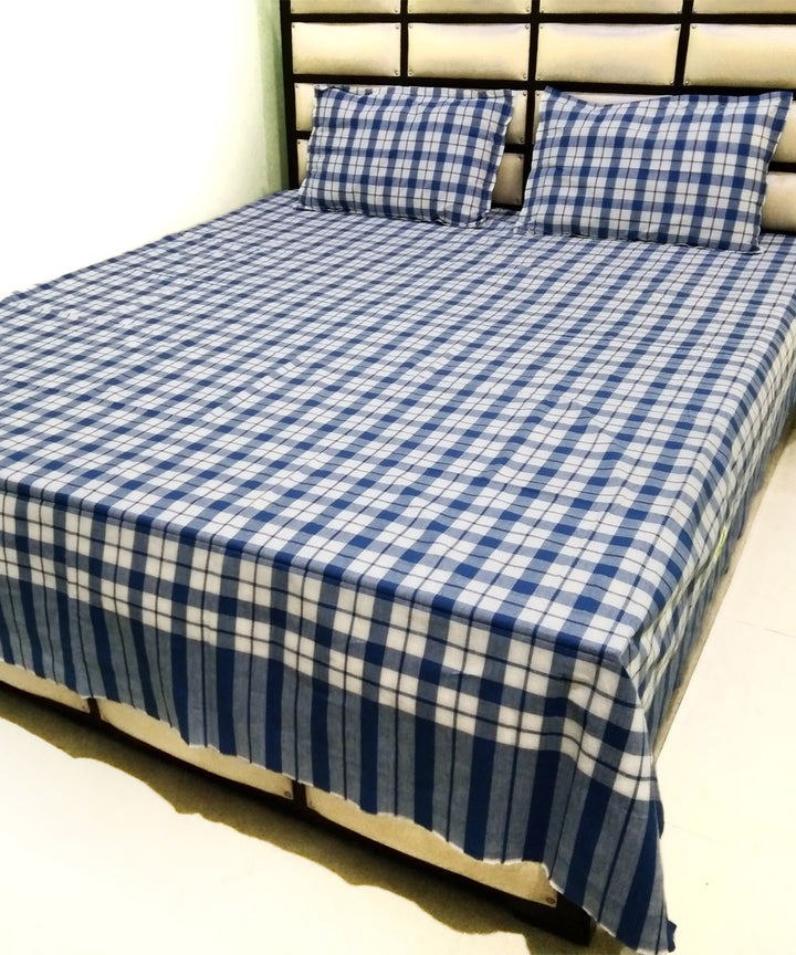White blue checks handwoven cotton double bed bedsheet