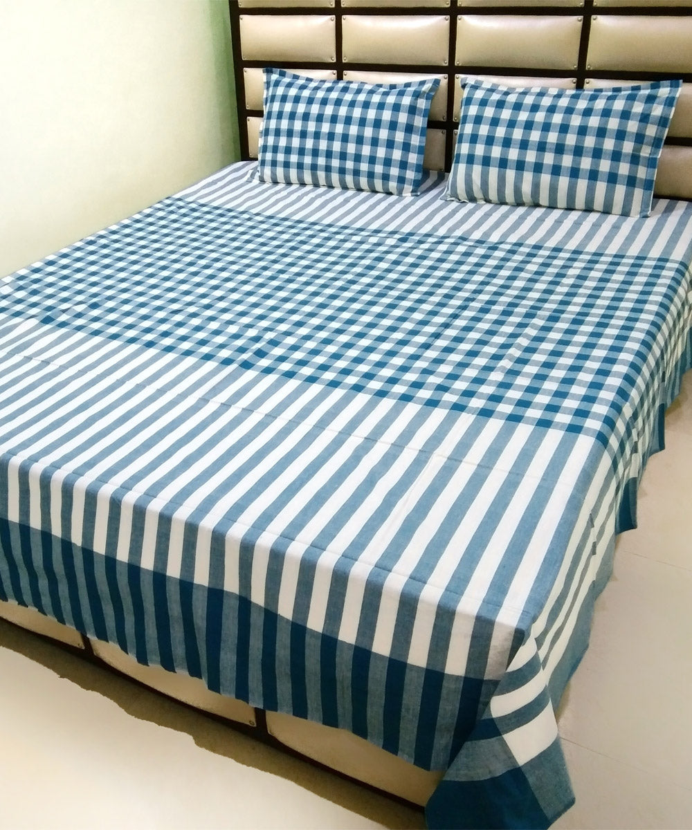 White indigo handwoven cotton double bed bedsheet