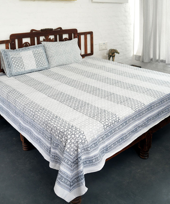 White grey striped block printed sanganeri cotton double bed bedsheet