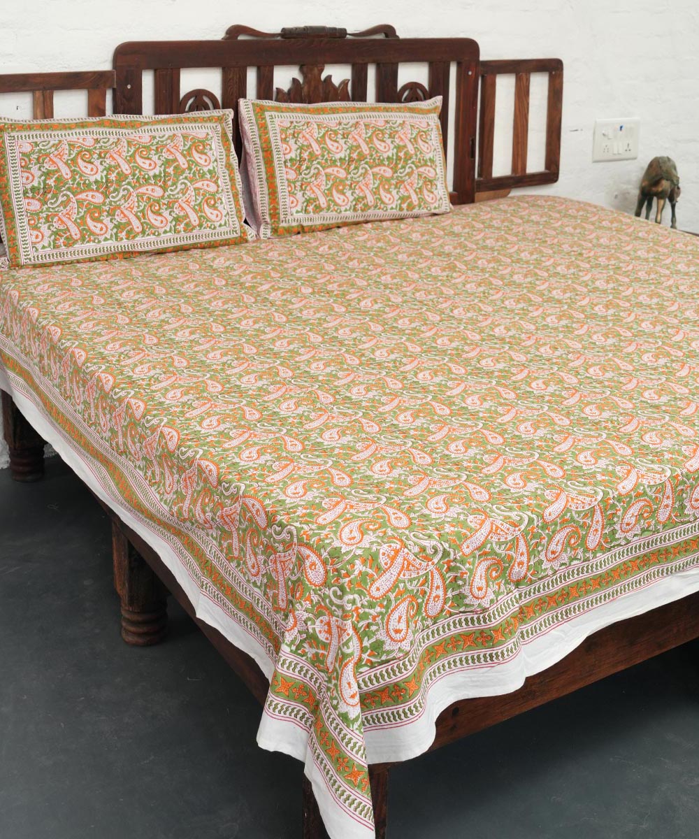 White multicolor block printed sanganeri cotton double bed bedsheet
