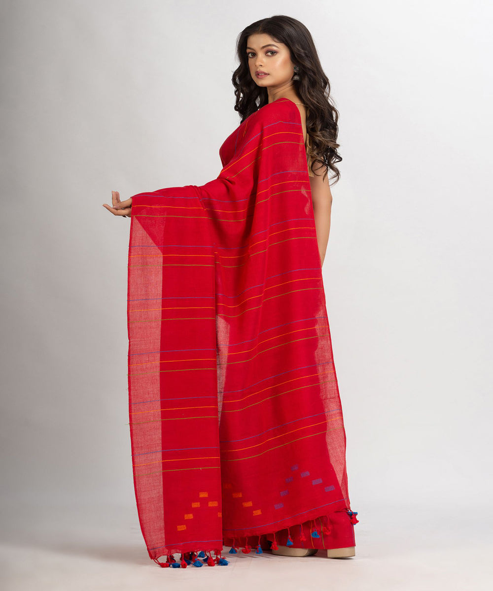 Red handwoven cotton bengal saree
