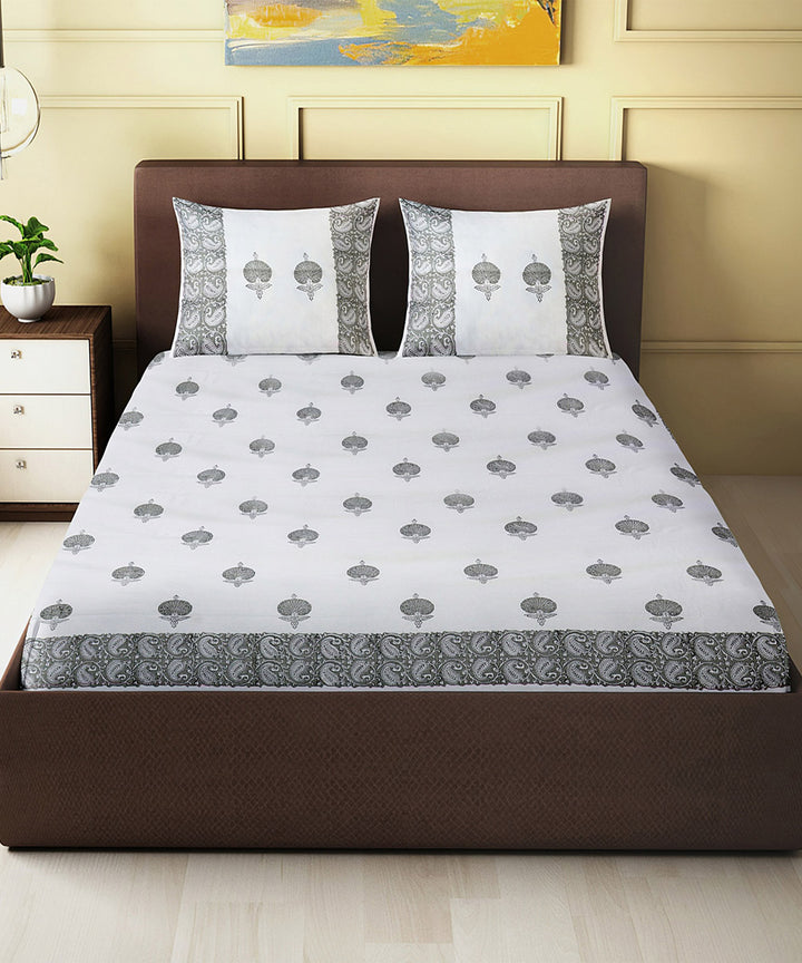 White grey hand block printed king size cotton double bedsheet