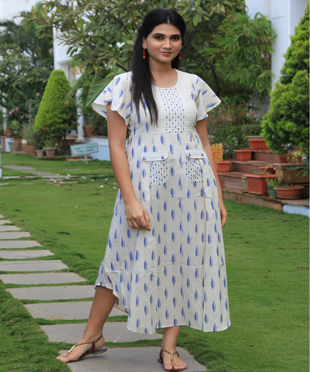 White handcrafted pochampally ikat cotton dress with embroidery
