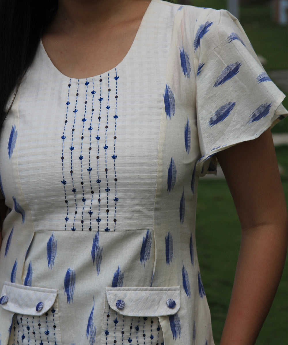 White handcrafted pochampally ikat cotton dress with embroidery