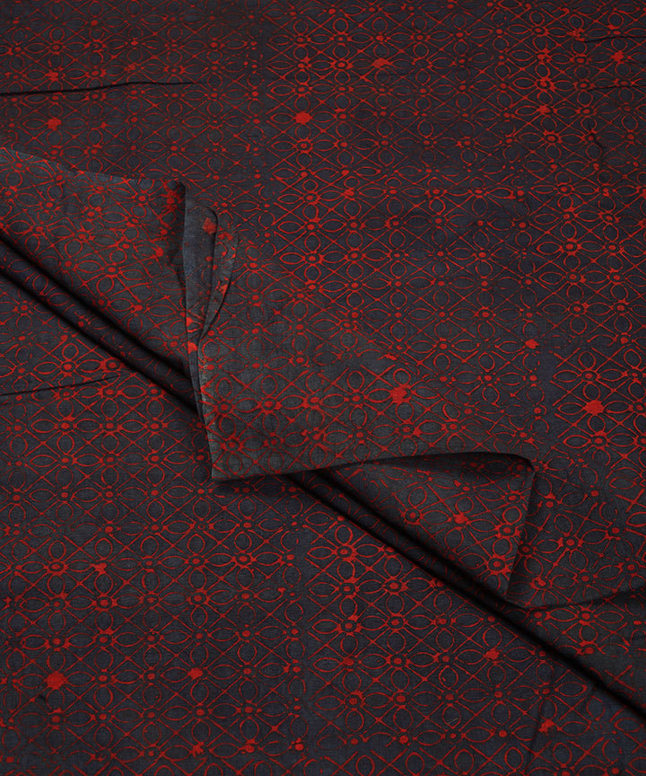 Blue red geometric floral hand block print cotton linen fabric