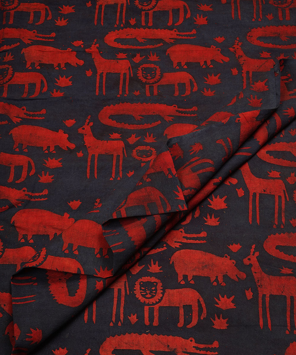 Red blue jungle design hand block print cotton linen fabric