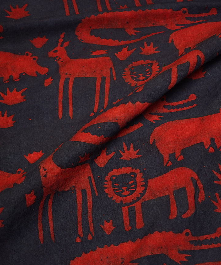 Red blue jungle design hand block print cotton linen fabric