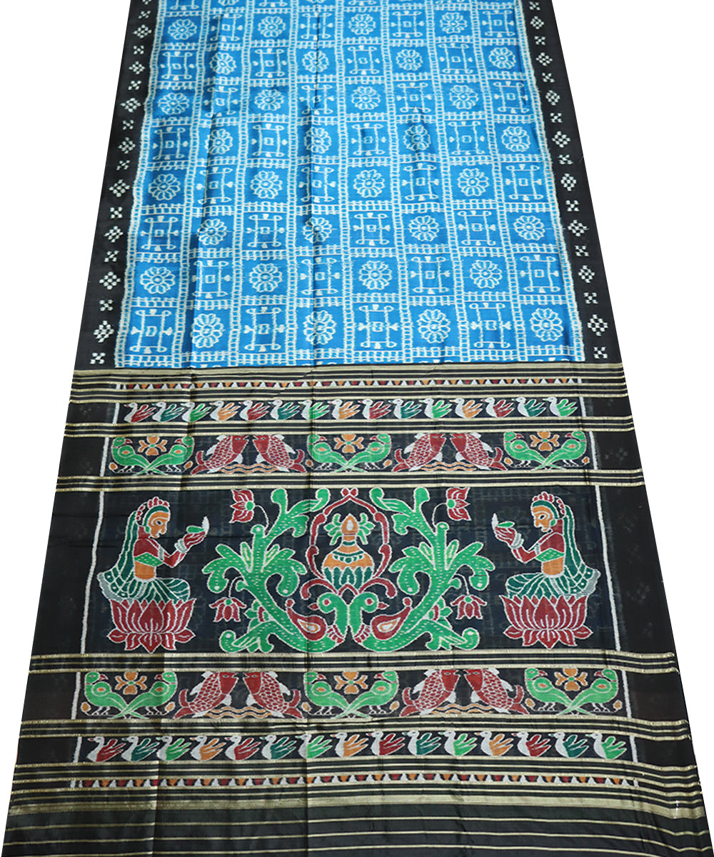 Cyan blue black silk handwoven khandua saree