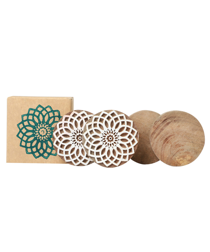 POTLI handmade wooden hand carved coasters set of 4 (marigold)