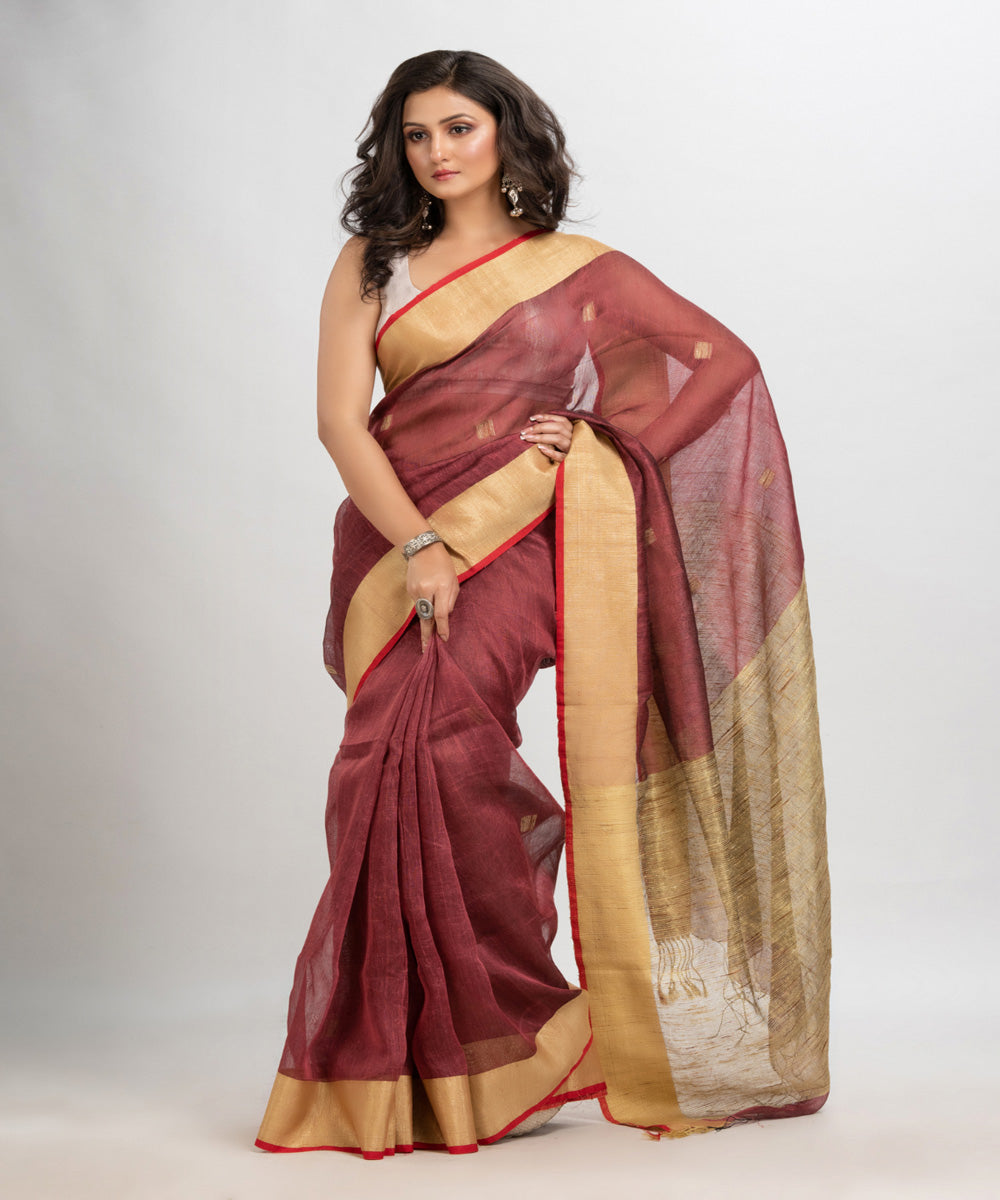 Umber brown handloom silk blend linen bengal saree