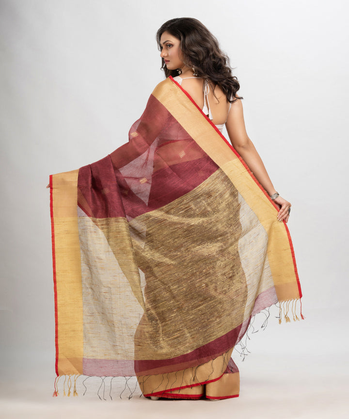 Umber brown handloom silk blend linen bengal saree