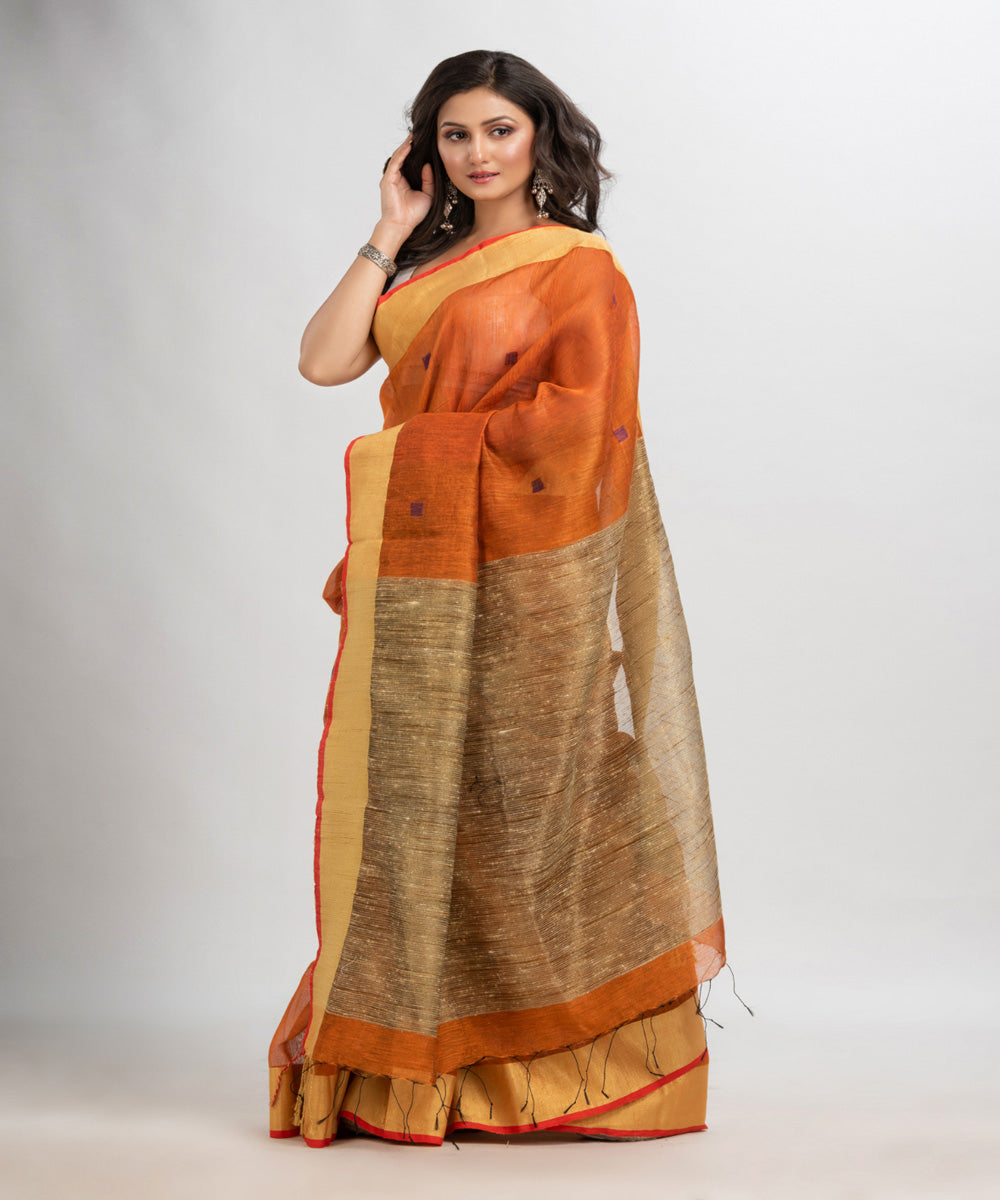 Russet handloom silk blend linen bengal saree