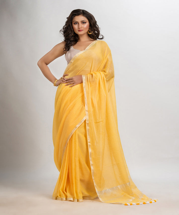 Light yellow handloom cotton jacquard border with stripes pallu saree