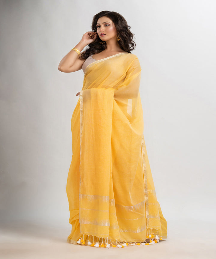 Light yellow handloom cotton jacquard border with stripes pallu saree