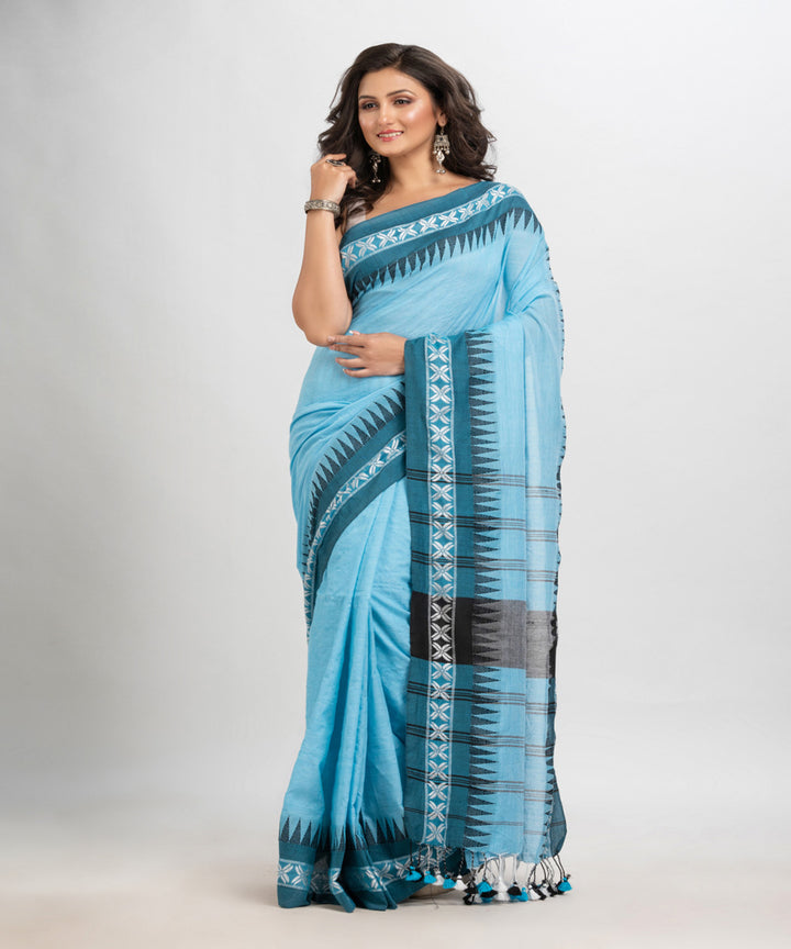 Blue handloom cotton with jacquard border pallu stripe saree