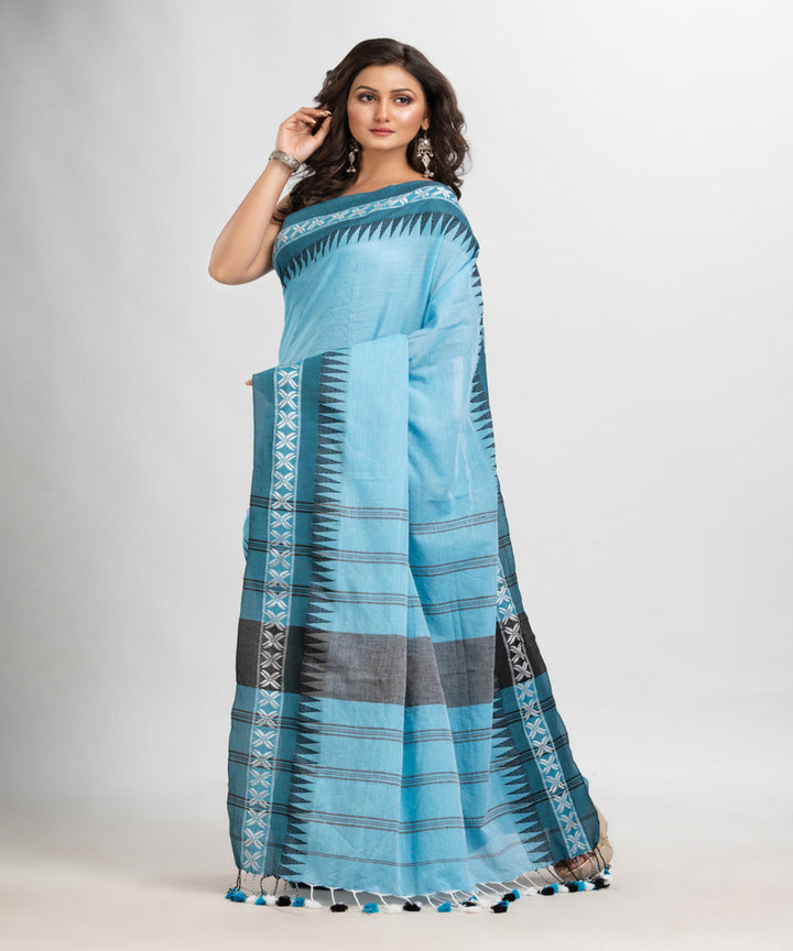 Blue handloom cotton with jacquard border pallu stripe saree