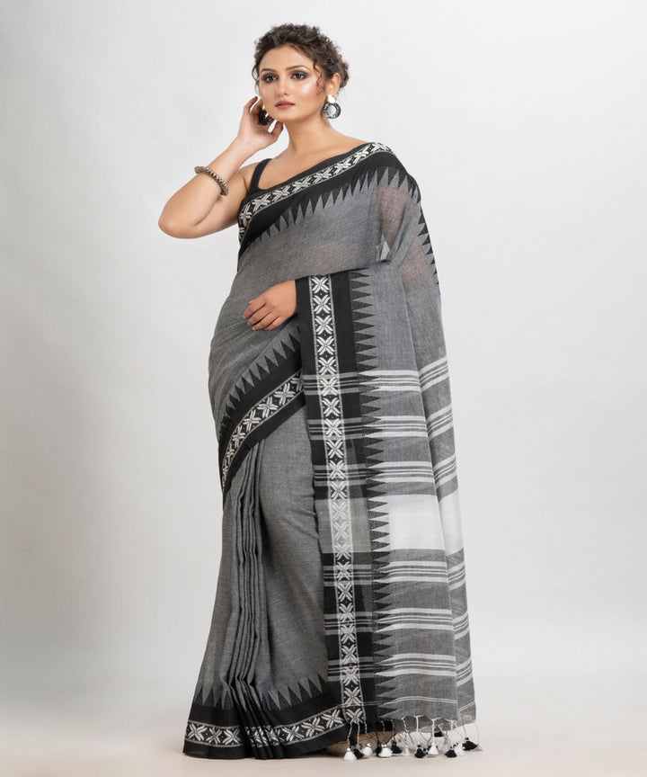 Grey handloom cotton with jacquard border pallu stripe saree