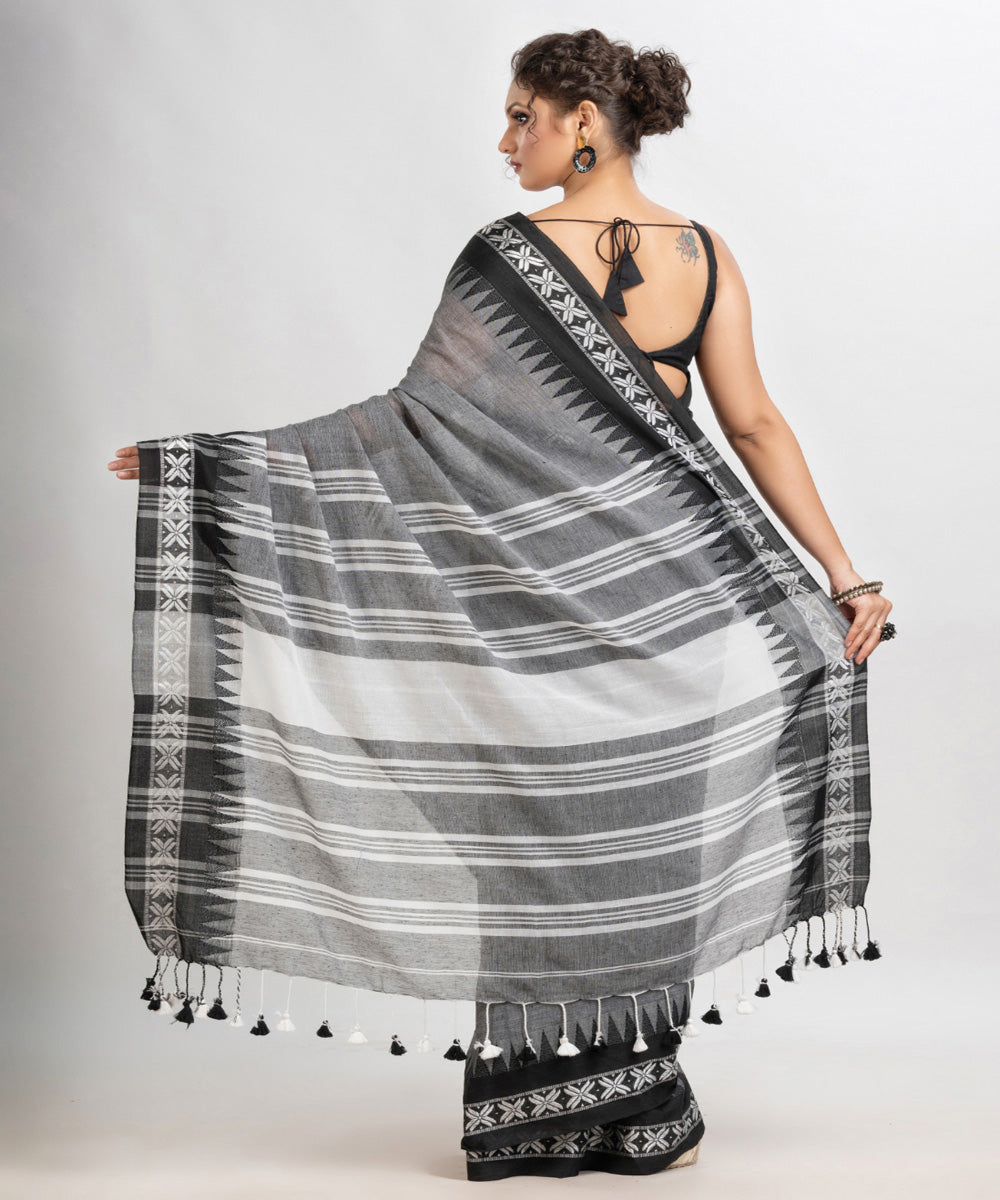 Grey handloom cotton with jacquard border pallu stripe saree