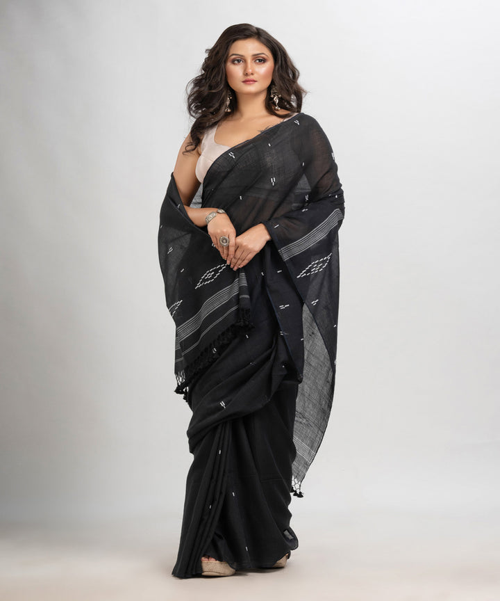 Black white handloom mulmul cotton bengal saree