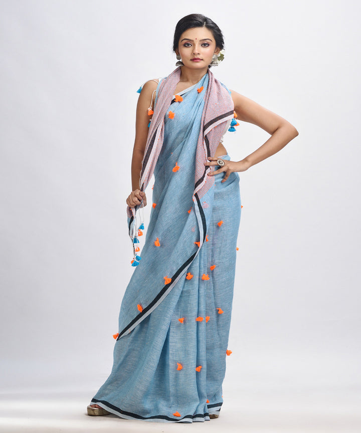 Sky blue handwoven linen stipes pallu bengal saree