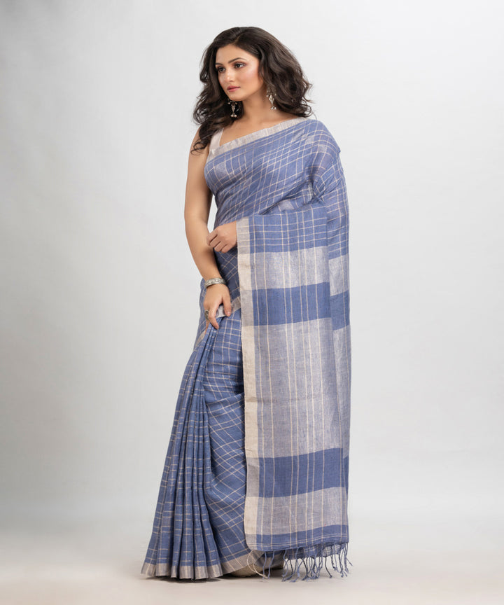 Powder blue handwoven linen zari border and pallu bengal saree