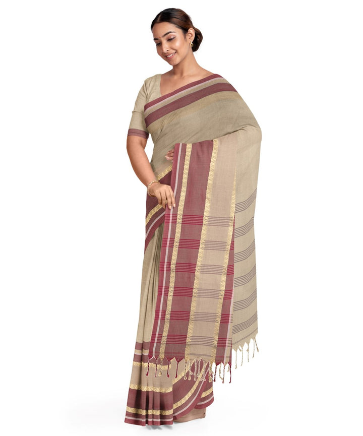 Beige brown bengal cotton handloom shantipuri saree