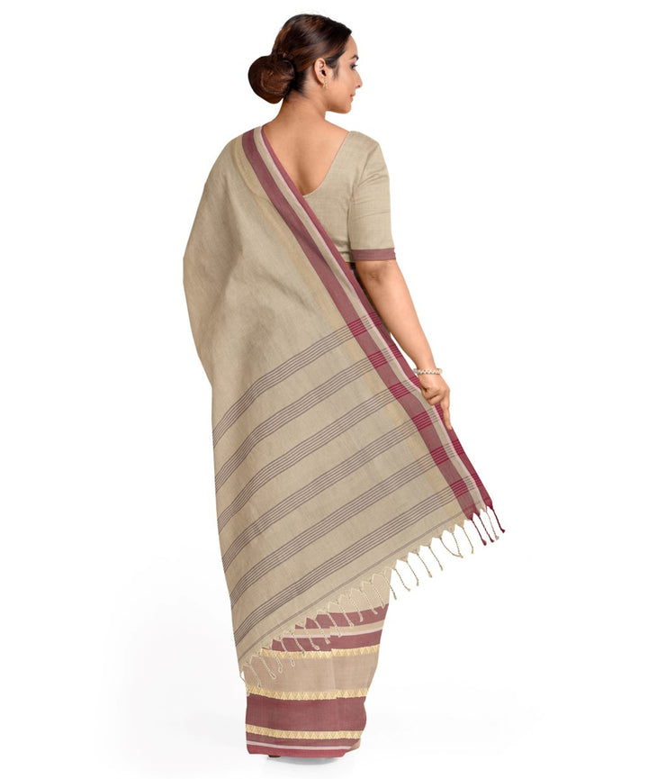 Beige brown bengal cotton handloom shantipuri saree