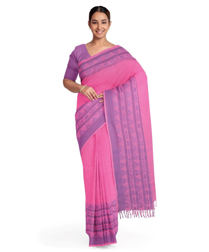 Pink purple bengal cotton handloom shantipuri saree