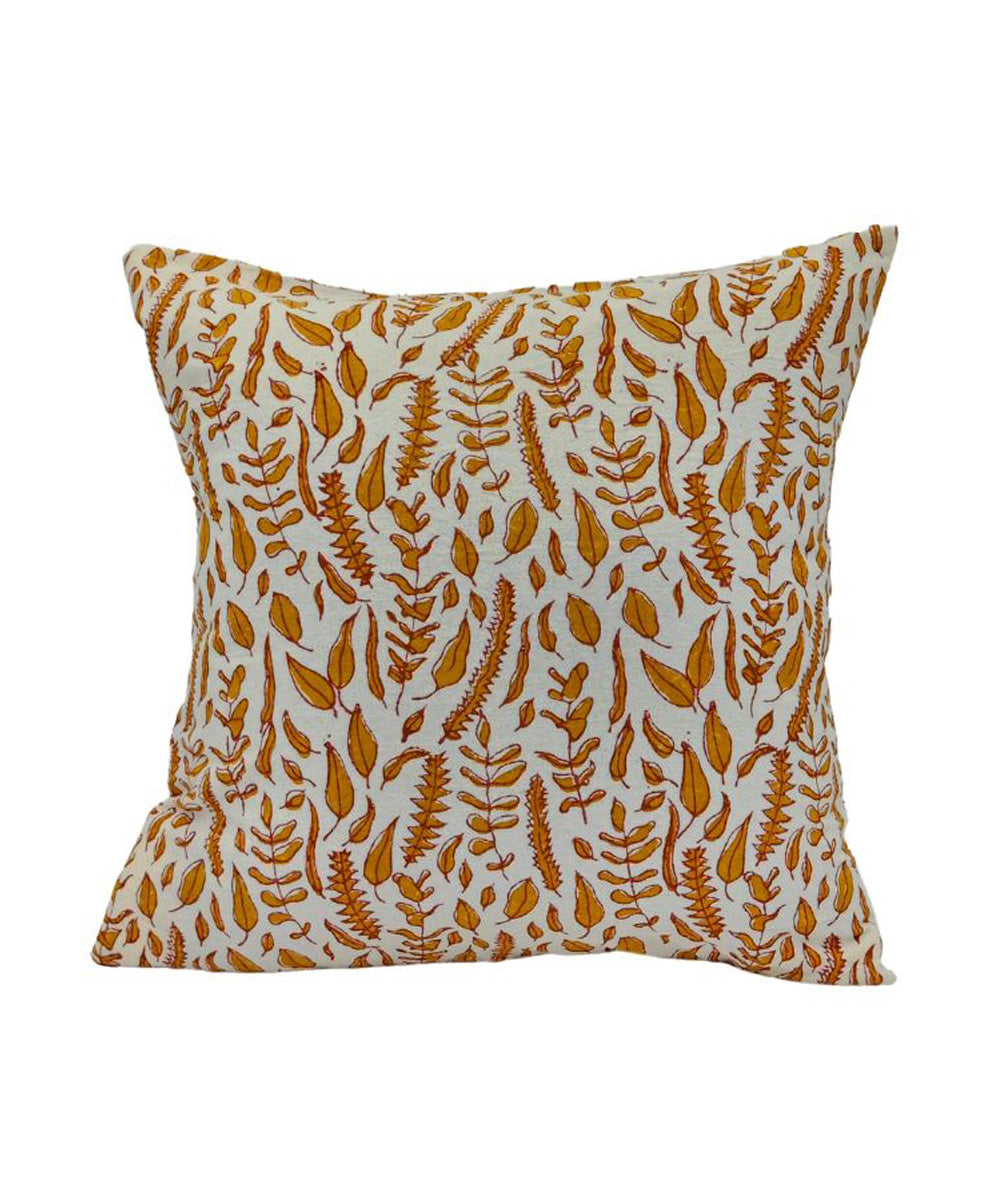 Yellow white block printed small leaves cotton cushion cover