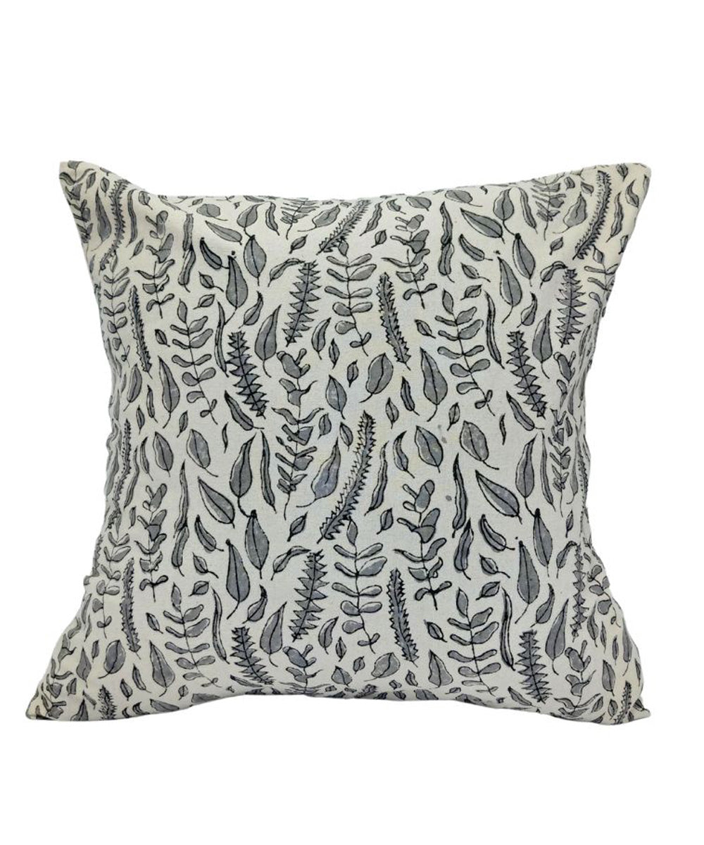 Grey white block printed small leaves cotton cushion cover